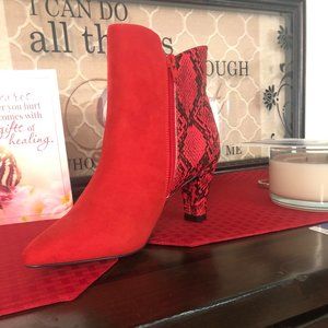 Ashro's Red Suede and Red and Black Pattern Ankle Boots